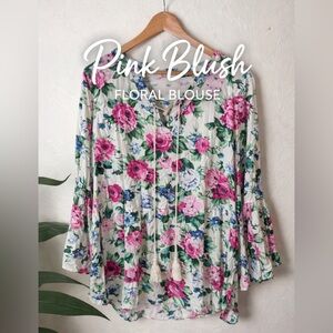 Floral Peasant Blouse with Tie Neck | Size M